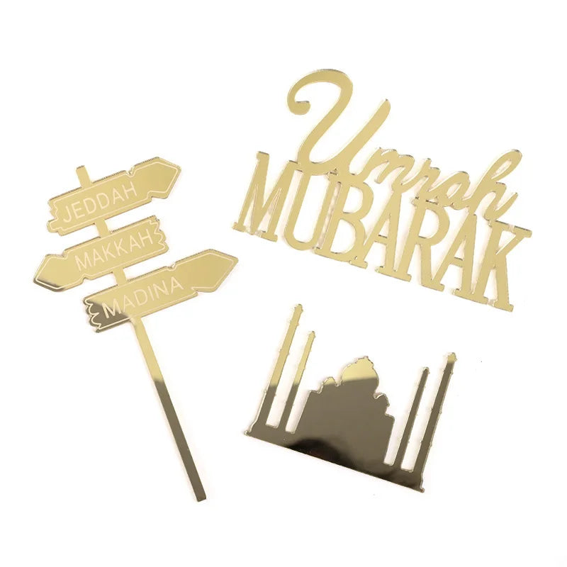 3pcs Umrah Mubarak Gold Acrylic Cake Toppers | Eid Ramadan Cake Toppers Babs