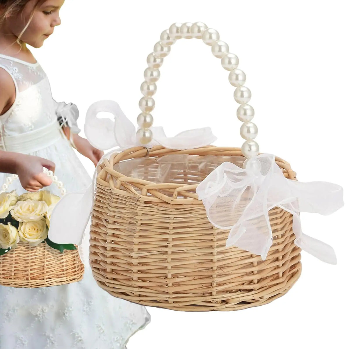 Wicker Rattan Flower Girl Basket | Pearl Handle & Bow Wicker Gift Basket Babs