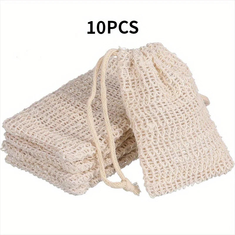 10-Pack Sisal Soap Saver Pouches with Drawstring & Wooden Bead Soap Saver Pouch Babs 10pcs