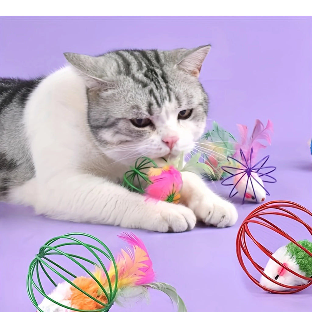 Interactive Cat Wire Cage Mouse Toy with Feather & Jingle Bell Interactive Cat Toy Babs