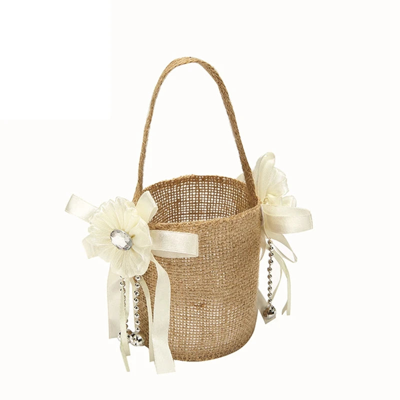 Rustic Lace Linen Flower Basket – Wedding & Party Gift Bag Decorative Flower Basket Babs 3