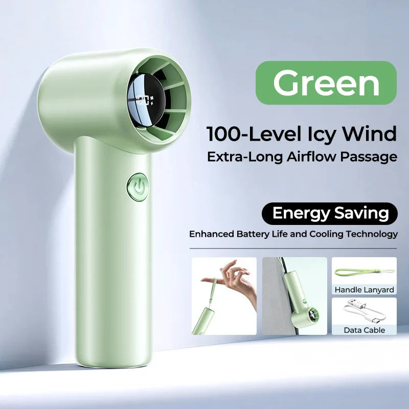 USB Rechargeable Mini Turbo Fan – Brushless Motor & Digital Display Portable Handheld Fan Babs Green
