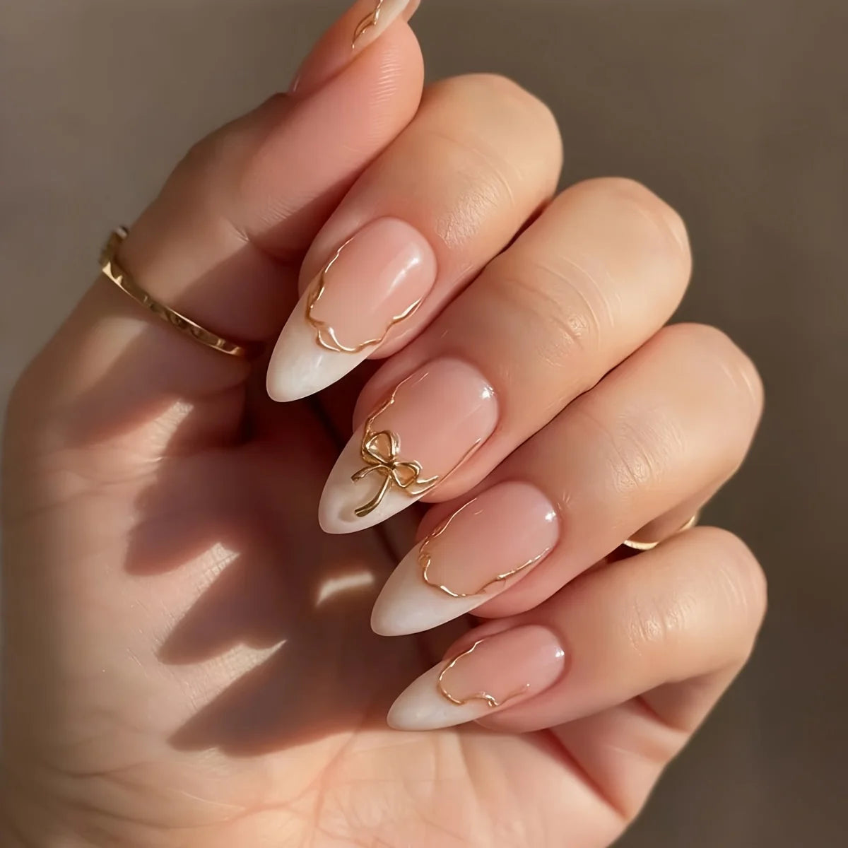 24pc White Almond Press-On Nails | Gold 3D Bow Gradient Press-On Nail Set Babs