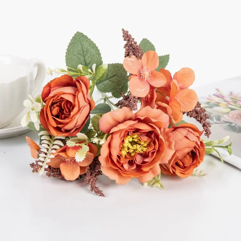 Silk Peony Hydrangea Artificial Flowers – Wedding & Home Décor Artificial Silk Flowers Babs (Orange) 1 pc