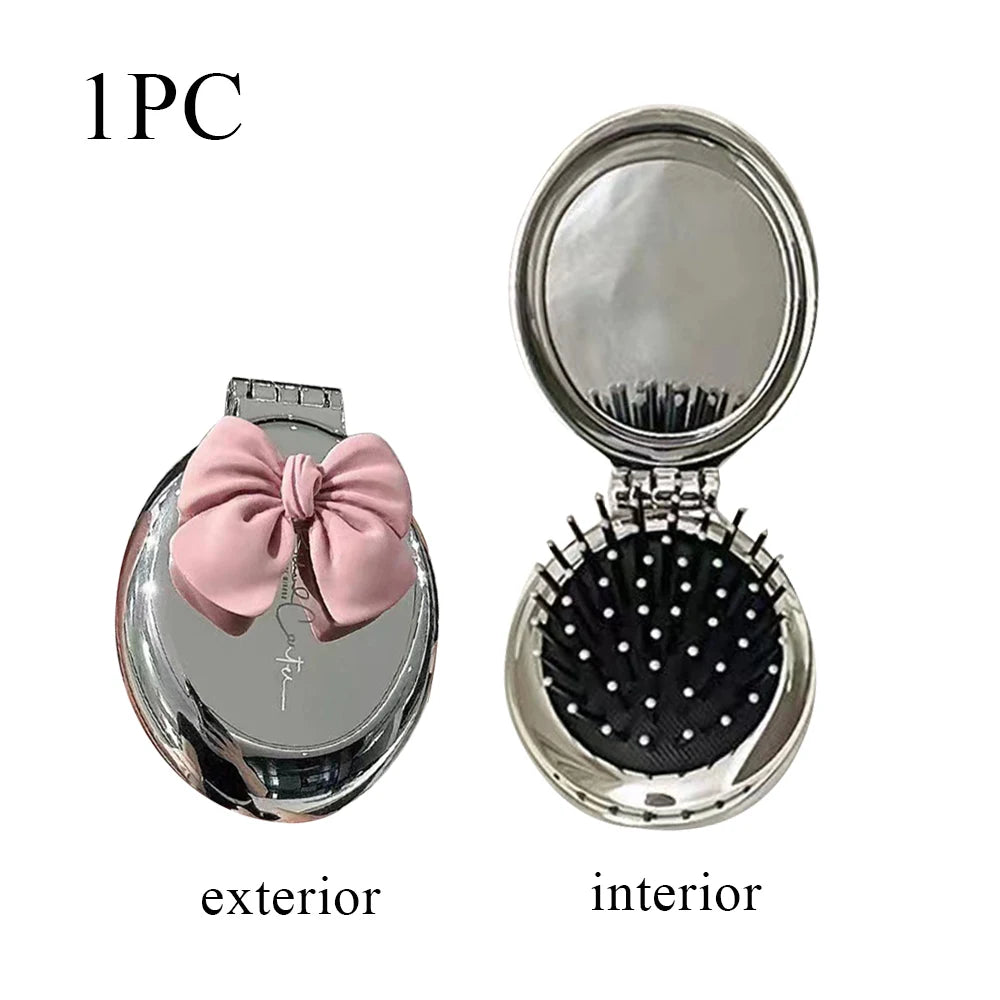 Folding Pocket Mirror & Comb – Compact Travel Hair Brush for Women Folding Mirror Comb Babs pink bowknot