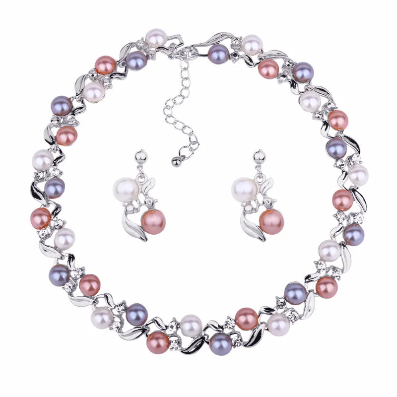Pearl & Rhinestone Bridal Necklace Earring Set for Women Bridal Jewelry Set Babs white