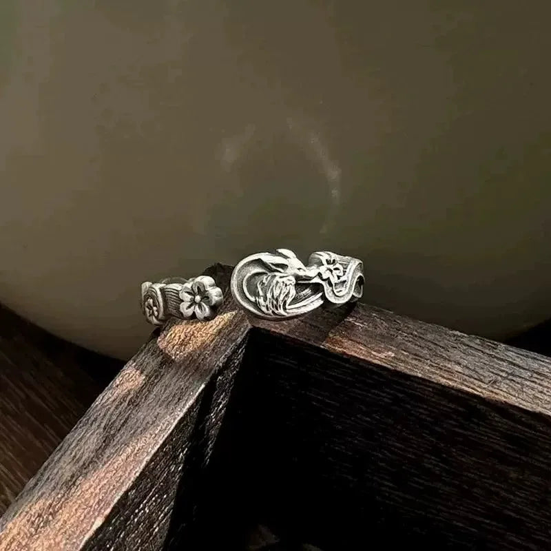 Retro Nine-Tailed Fox Open Ring – Chinese Cherry Blossom Style Fashion Cocktail Ring Babs
