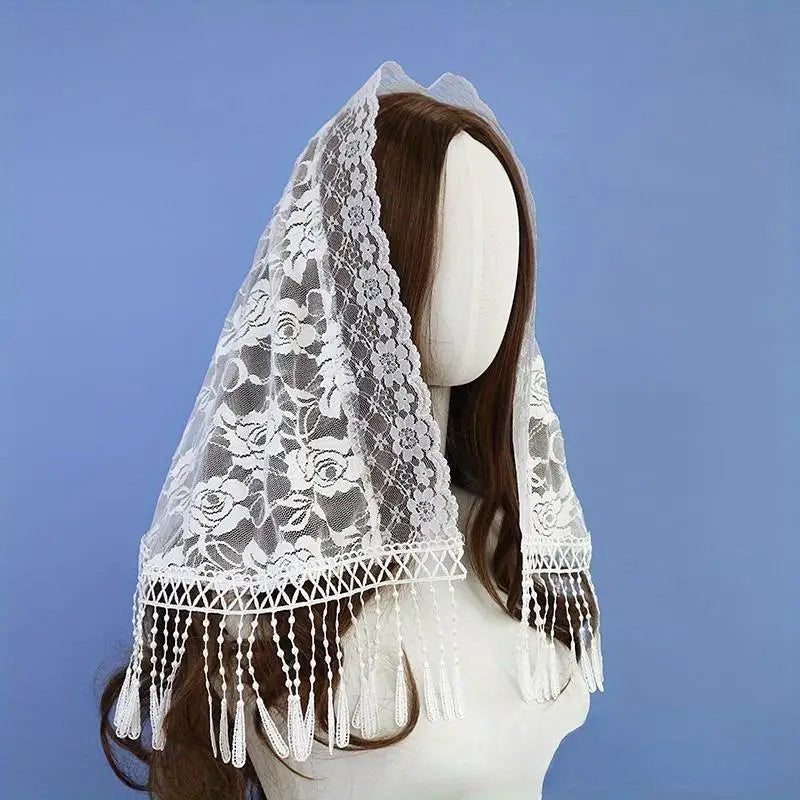 Embroidered Tassel Lace Veil – Spanish Mantilla Church Shawl Lace Mantilla Veil Babs 1pc