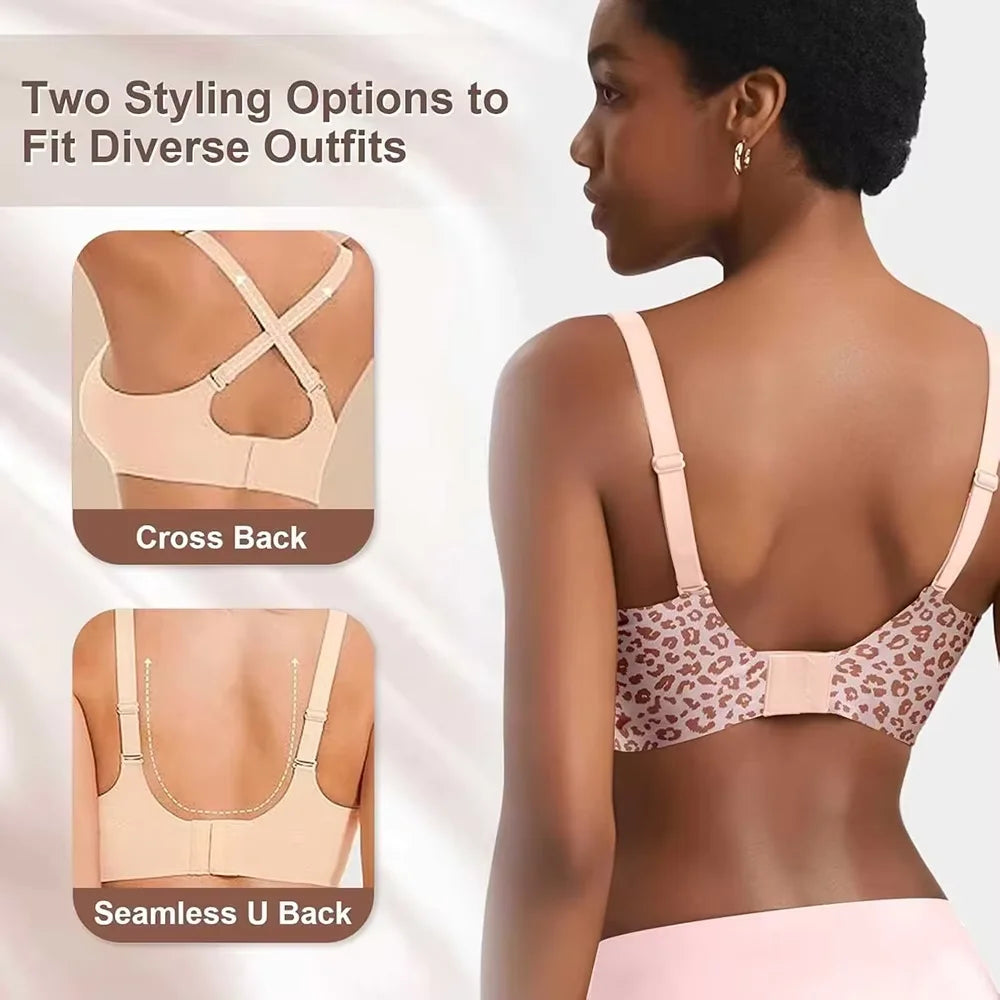 Pink Leopard Deep V Push Up Wireless Bra | Seamless Bralette Wireless Push Up Bra Babs