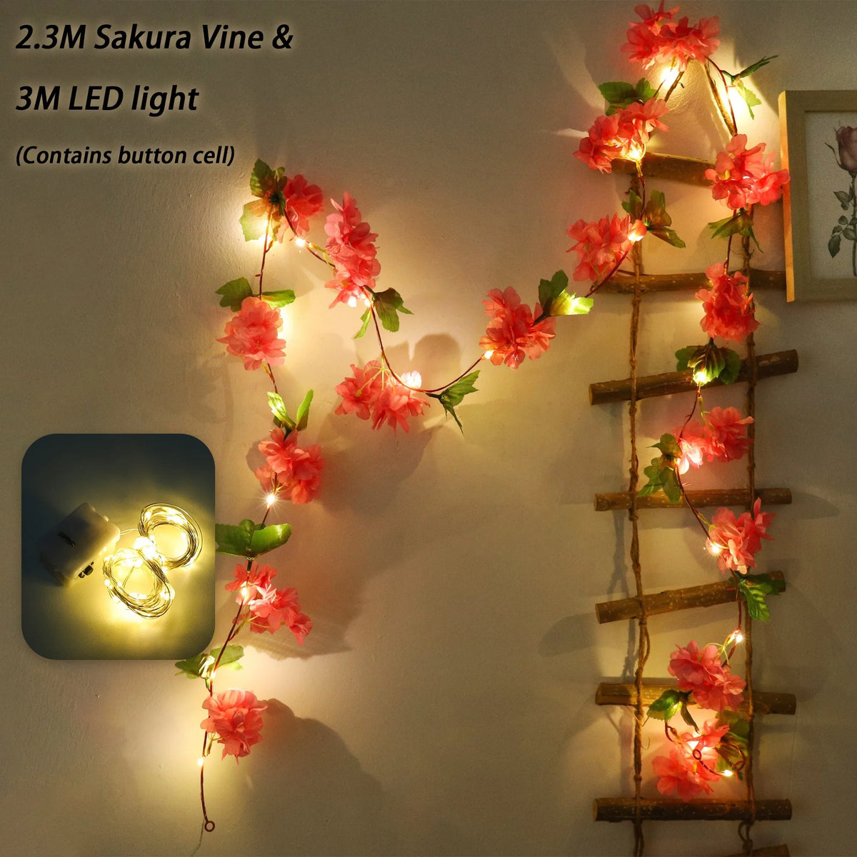Cherry Blossom Vine LED Garland – Sakura Wedding Arch Decor Artificial Flower Garland Babs Rose Red 1PC