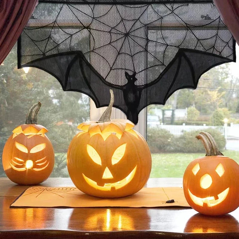 Halloween Black Lace Bat Spider Curtain Tablecloth Fireplace Scarf Halloween Lace Décor Babs