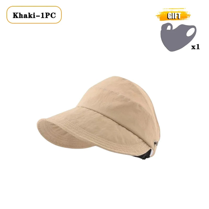 Foldable Wide Brim Ponytail Sun Hat – Adjustable Beach Cap Wide Brim Sun Hat Babs Khaki-1PC 55-58cm