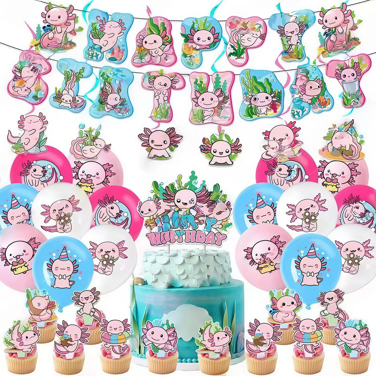 Axolotl Birthday Party Supplies – Pink Salamander Decor Kit