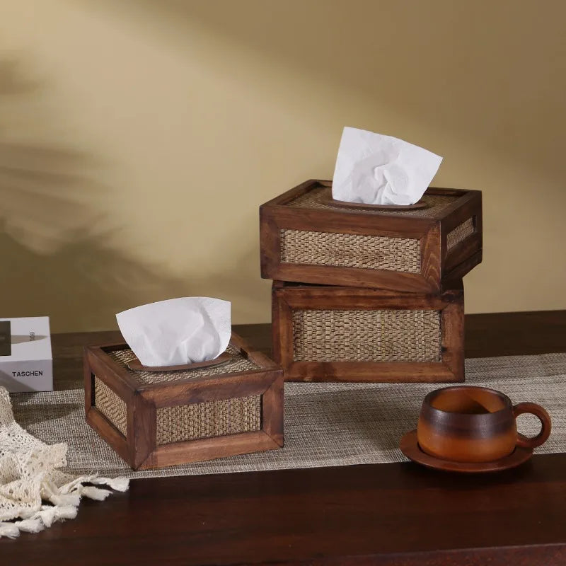 Woven Wood & Rattan Tissue Box – Vintage Napkin Holder Tissue Box Holder Babs