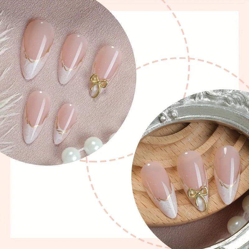 24pc White Almond Press-On Nails | Gold 3D Bow Gradient Press-On Nail Set Babs