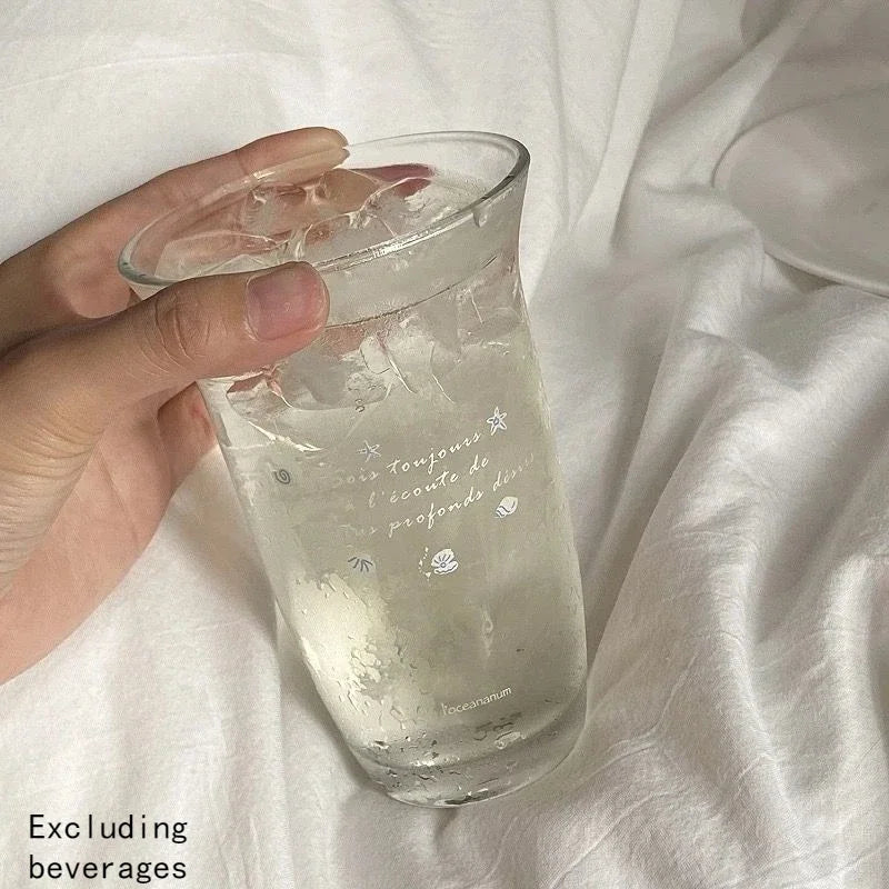 Vintage Ocean Seashell Print Glass Cup | Cold Brew & Iced Drinks Printed Glass Cup Babs white 301-400ml