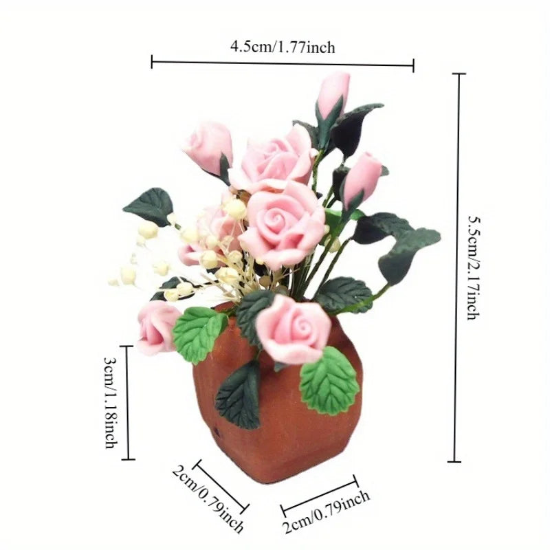 1/12 Mini Clay Rose Potted Plant – Dollhouse Miniature Décor Dollhouse Miniature Babs