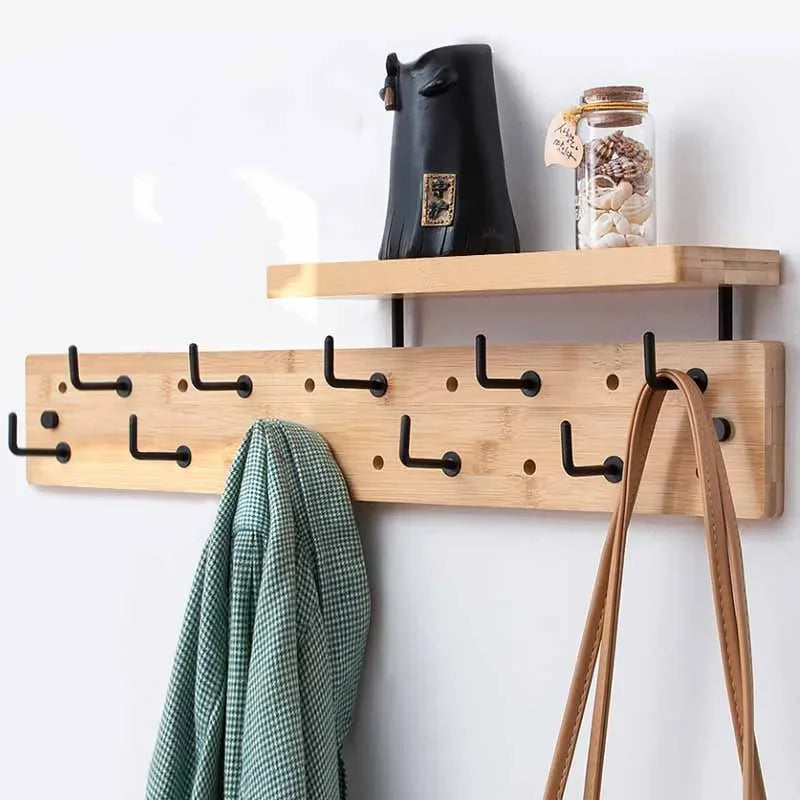 Wall Mounted Coat Rack with Shelf & 10 Hooks – Bamboo Wall Coat Rack Babs B-10 Hooks