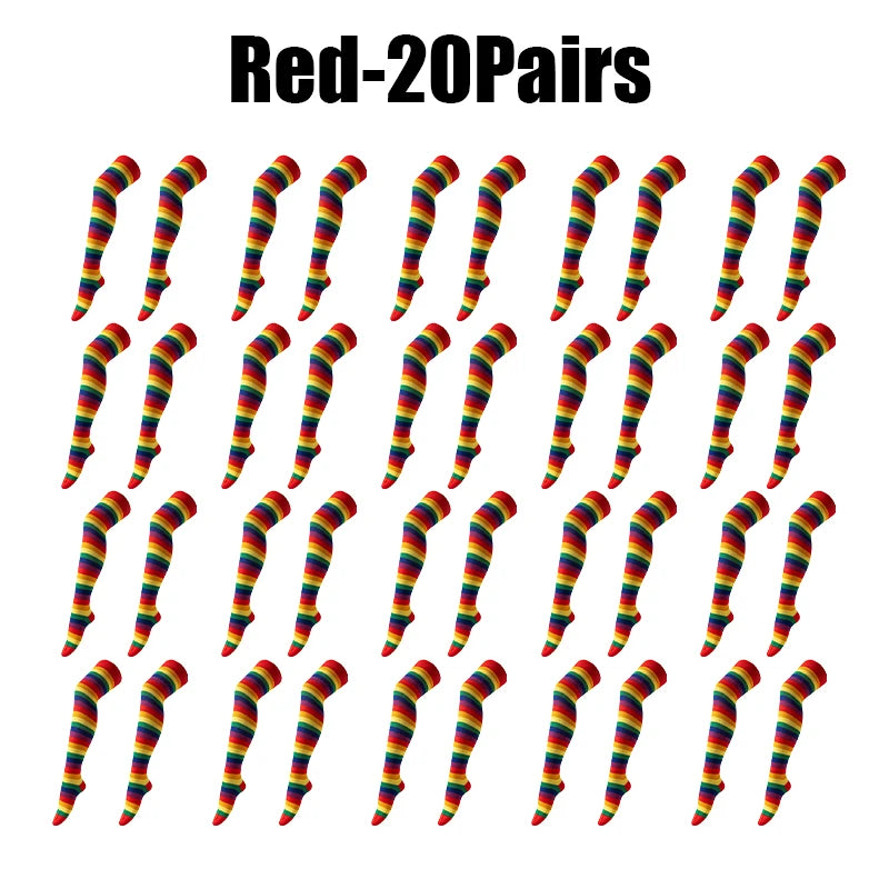 Rainbow Striped Thigh High Socks – Halloween Cosplay Party Thigh High Socks Babs Red 20Pairs as show