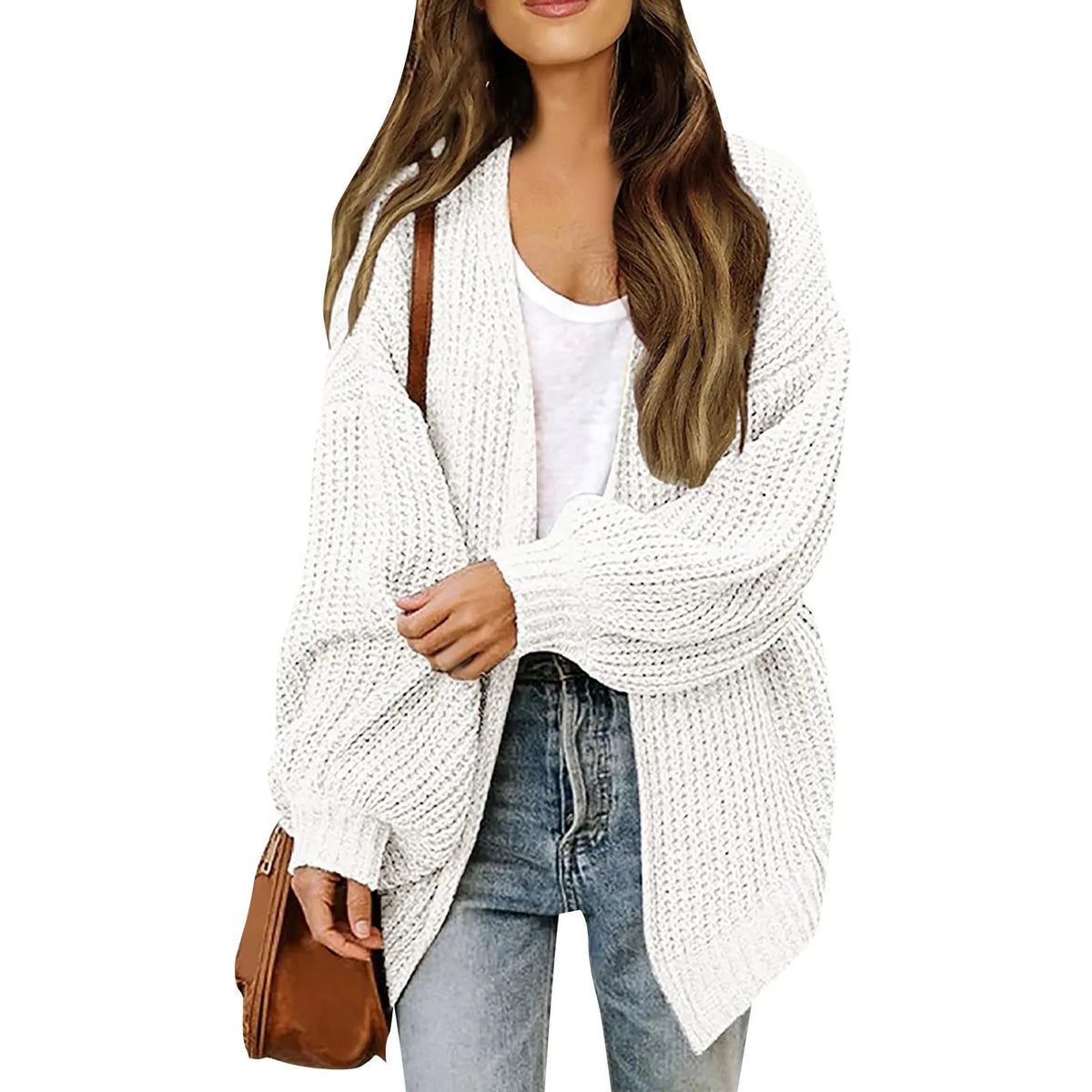 Women's Lantern Sleeve Thick-Knit Cardigan – Loose V-Neck Coat Knit Cardigan Sweater Babs XXL WHITE