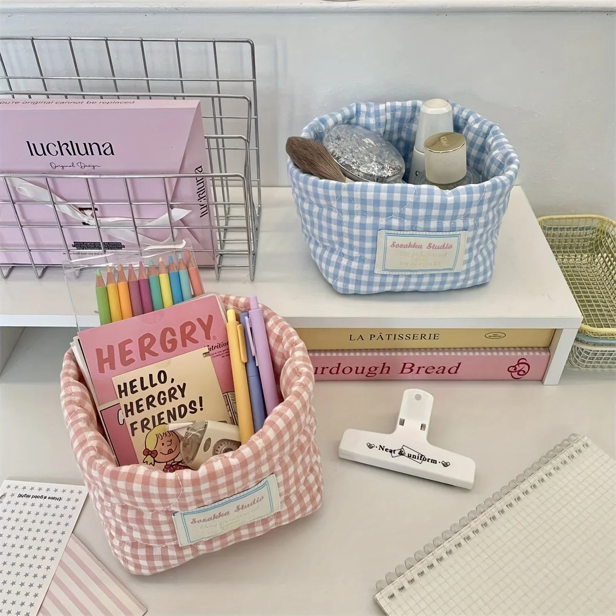 Checkered Heart Foldable Storage Basket | Quilted Organizer Storage Basket Babs