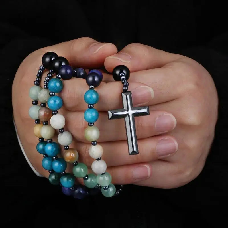 Natural Stone Rosary Necklace – Amazonite & Hematite Cross Gemstone Bead Necklace Babs