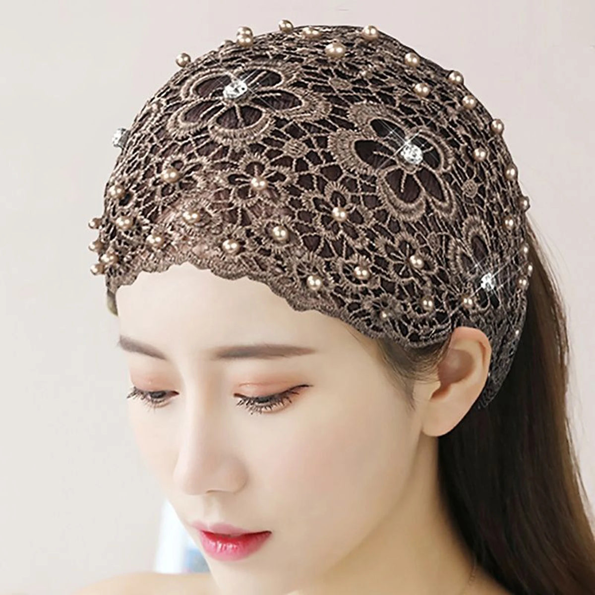 Women's Wide Hollow Headband – Rhinestone & Pearl Flower Women's Hair Headband Babs Coffee One Size