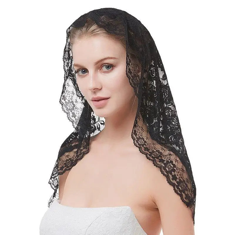 Lace Triangle Church Shawl Floral Mantilla Veil Scarf | 90×45cm Lace Mantilla Shawl Babs Black