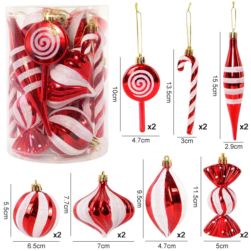 14-Piece Christmas Ball Ornaments Set – Red & Candy Cane Christmas Tree Ornaments Babs 14pcs set