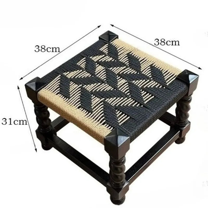 Woven Beech Wood Stool – Retro Accent Seat for Living Room Woven Accent Stool Babs Style D