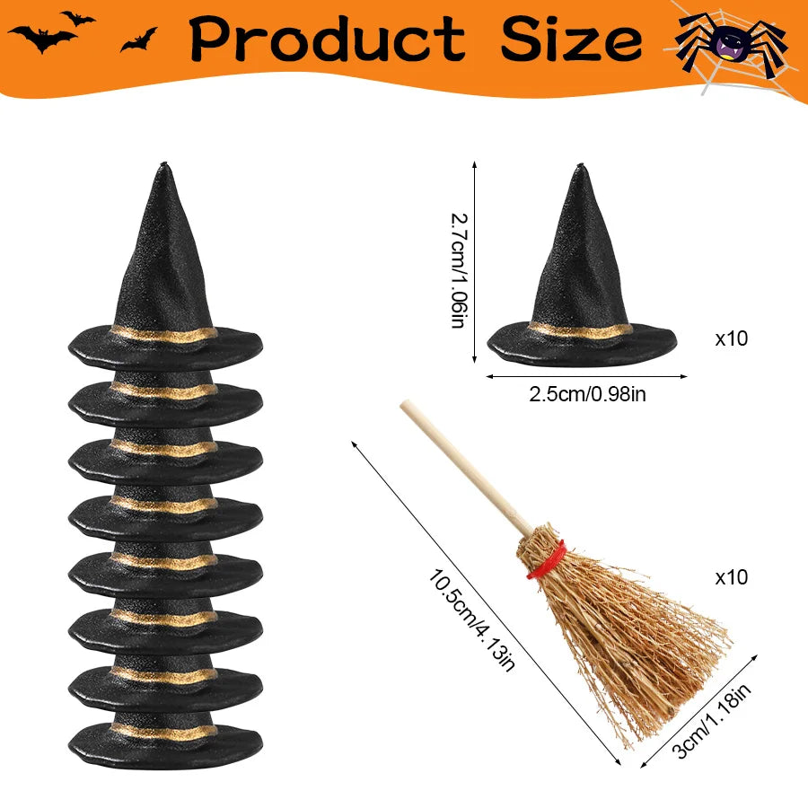 20Pcs Mini Witch Hats & Brooms Halloween DIY Decoration Set Halloween Craft Decor Babs