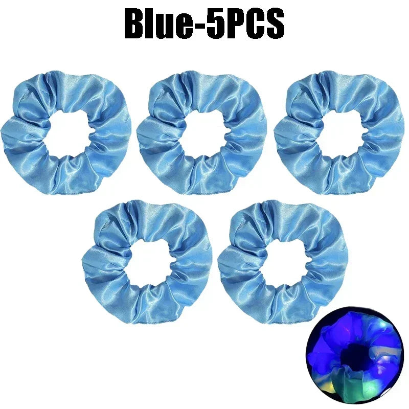 LED Light-Up Scrunchies – Satin Elastic Hair Bands for Parties LED Hair Scrunchies Babs Blue-5PCS