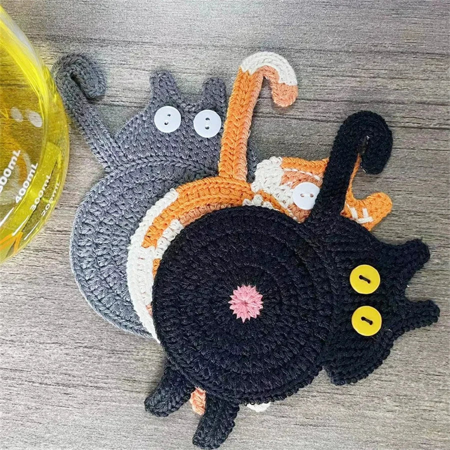 Hand-Crocheted Black Cat Coaster – Wool Cup Insulation Mat Cup Coaster Mat Babs