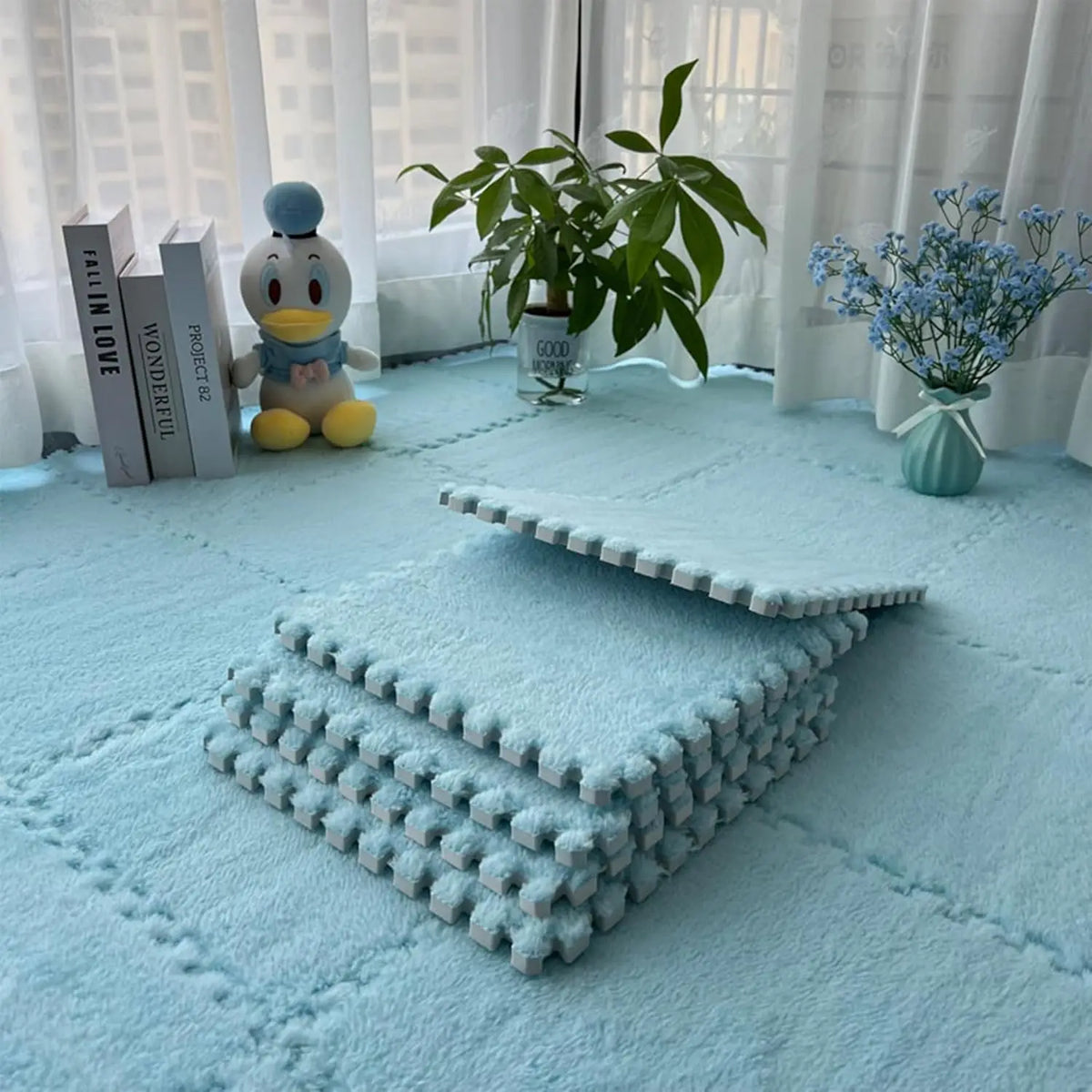 Soft Plush Baby Play Mat – EVA Foam Interlocking Puzzle Tiles Baby Play Mat Babs Blue 16PCS