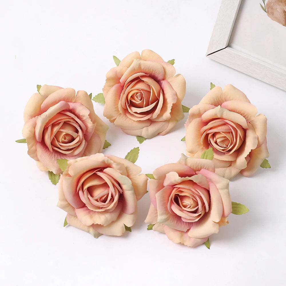 Silk Rose Artificial Flower Heads 7cm – Wedding & Home Décor Artificial Silk Flowers Babs Dark Champagne 5Pcs