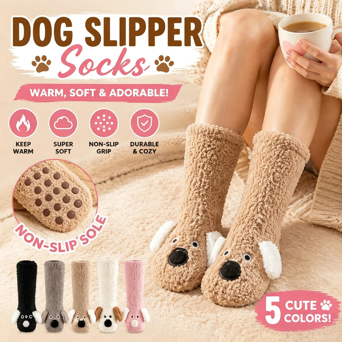 Women's Plush 3D Dog Slipper Socks | Non-Slip Cozy Footwear Plush Slipper Socks Babs