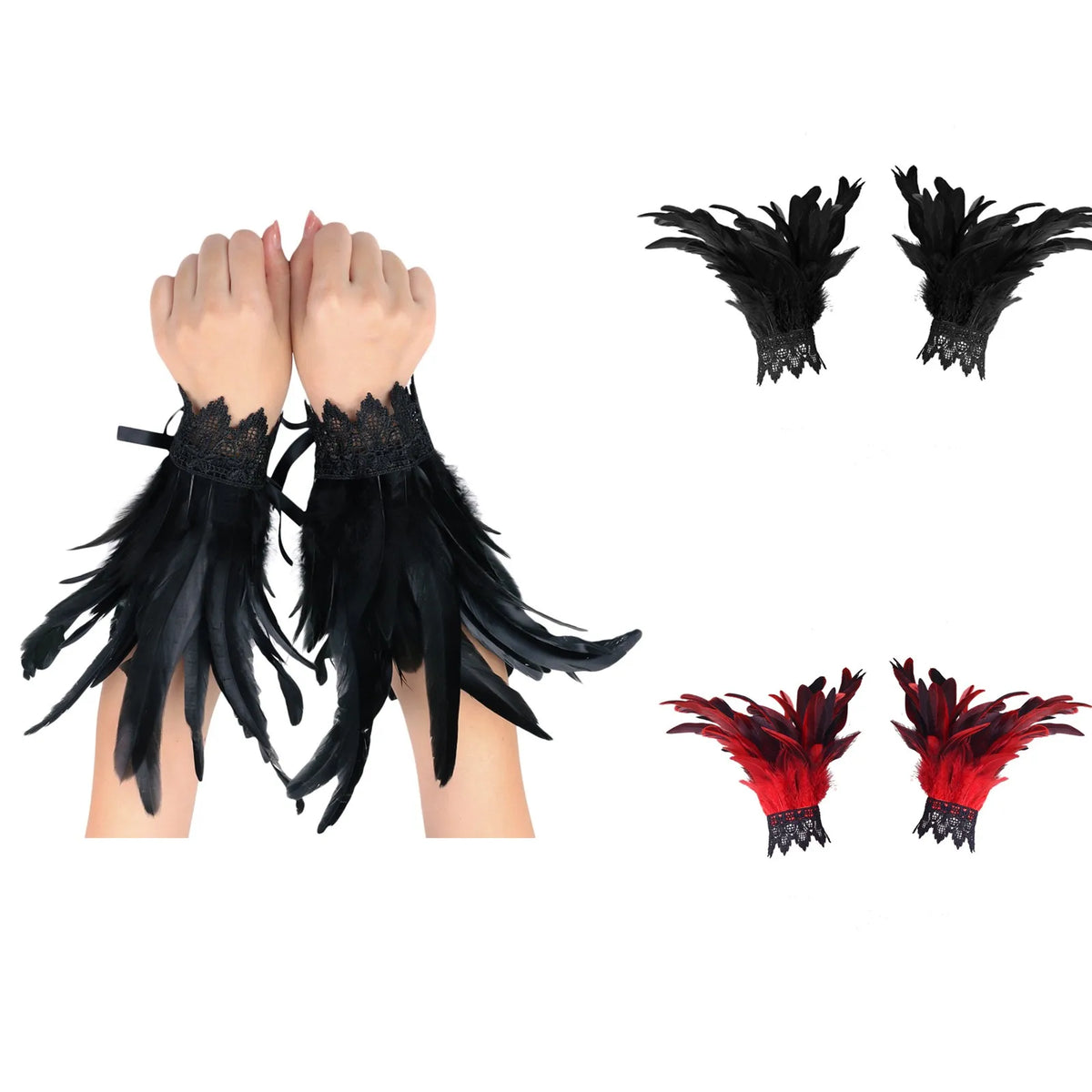 Black Feather Wrist Cuffs – Gothic Punk Halloween Costume Costume Wrist Cuffs Babs