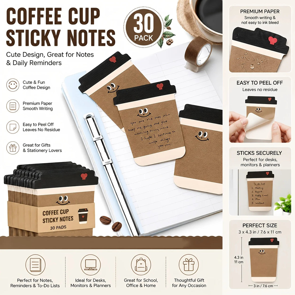 Coffee Pattern Sticky Note Pad – Self-Adhesive Memo Notepad Sticky Note Pad Babs