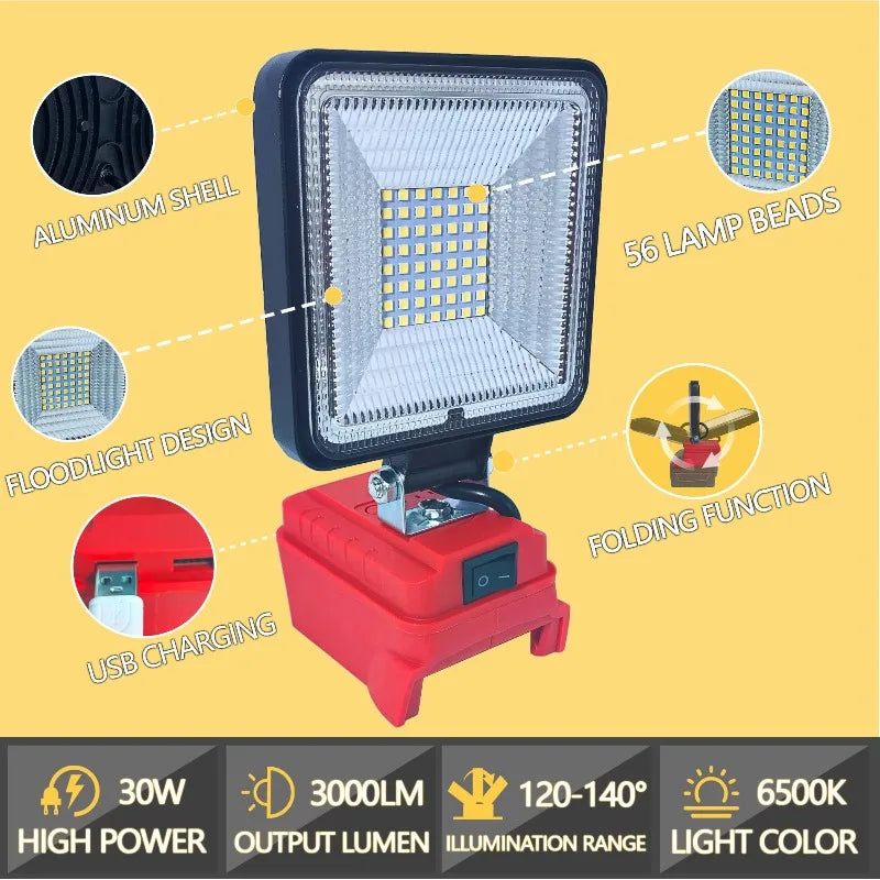 Cordless LED Work Floodlight 30W 3000LM | Dual USB Ports LED Work Floodlight Babs