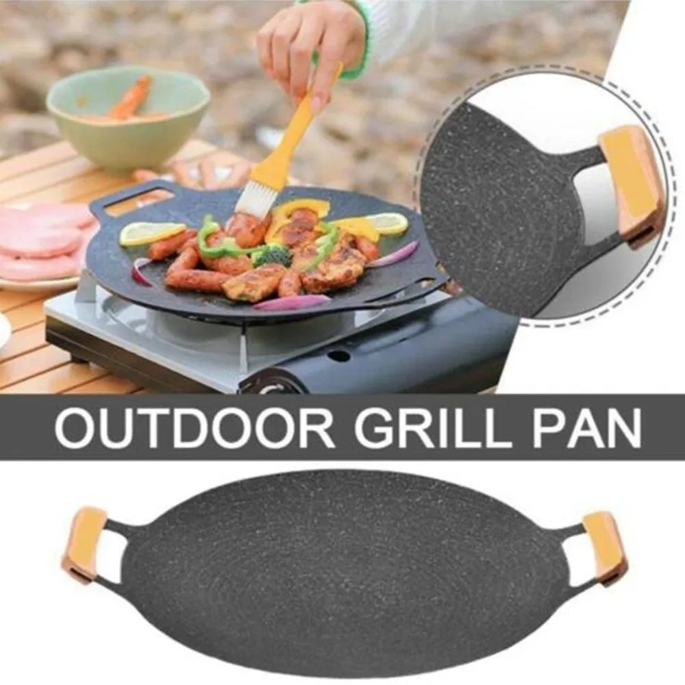 Korean BBQ Grill Pan 30–38cm | Smokeless Wooden Handle Griddle BBQ Grill Pan Babs
