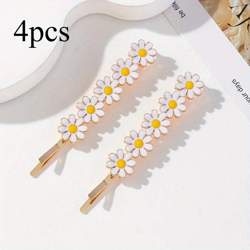 Small Daisy Alloy Flower Hairpins – Women's Floral Bangs Clip Flower Hairpins Babs 4pcs