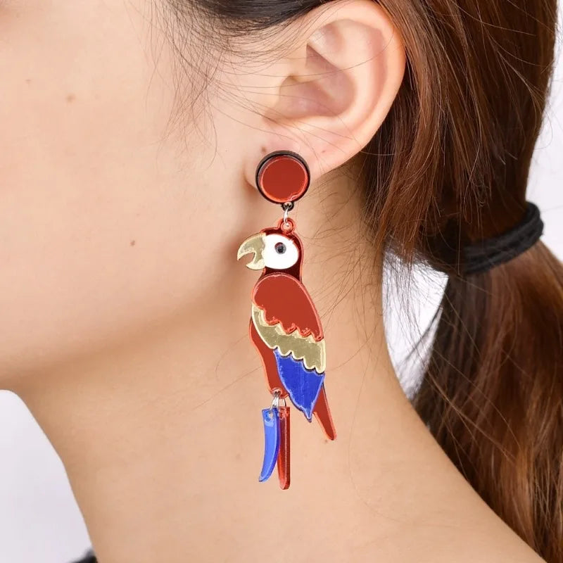 Colorful Parrot Acrylic Drop Earrings – Bird Statement Jewelry Drop Earrings Babs