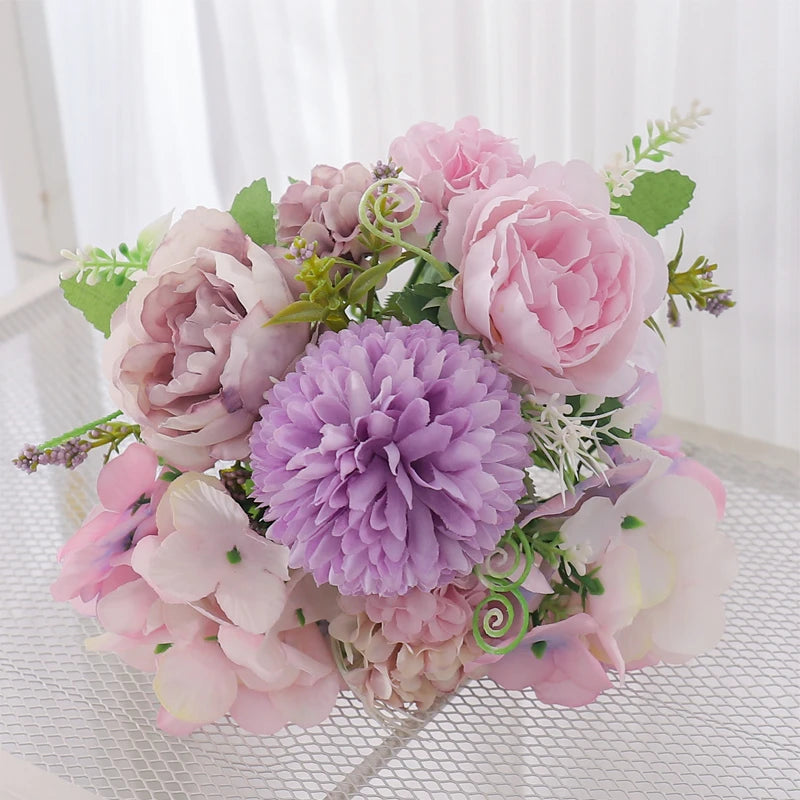Silk Peony & Hydrangea Artificial Flower Bouquet | Home Décor Artificial Flower Bouquet Babs Purple