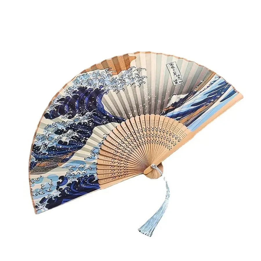 Japanese Folding Fan – Handmade Kanagawa Wave Vintage Hand Fan Decorative Hand Fan Babs ROYAL BLUE