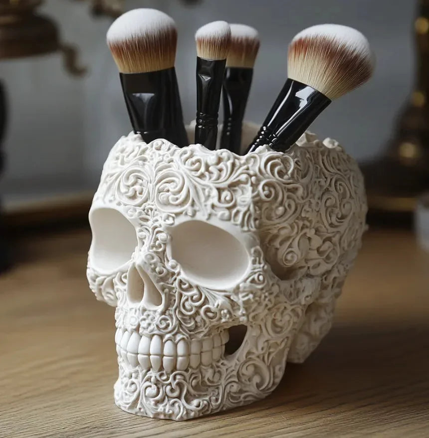 Halloween Skull Makeup Brush & Pen Holder – Colorful Desk Decor Desk Organizer Babs WHITE