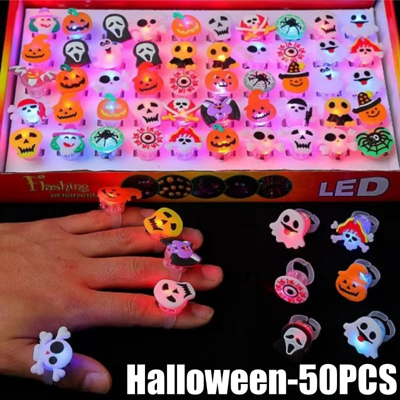 Halloween LED Glow Ring Set – Pumpkin Ghost Skull Finger Lights Halloween Party Favors Babs Halloween-50PCS