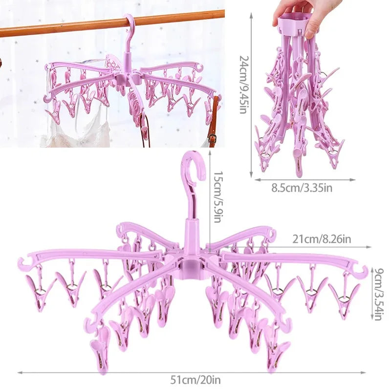 24-Clip Folding Clothes Drying Rack – Windproof Laundry Hanger Clothes Drying Rack Babs Pink