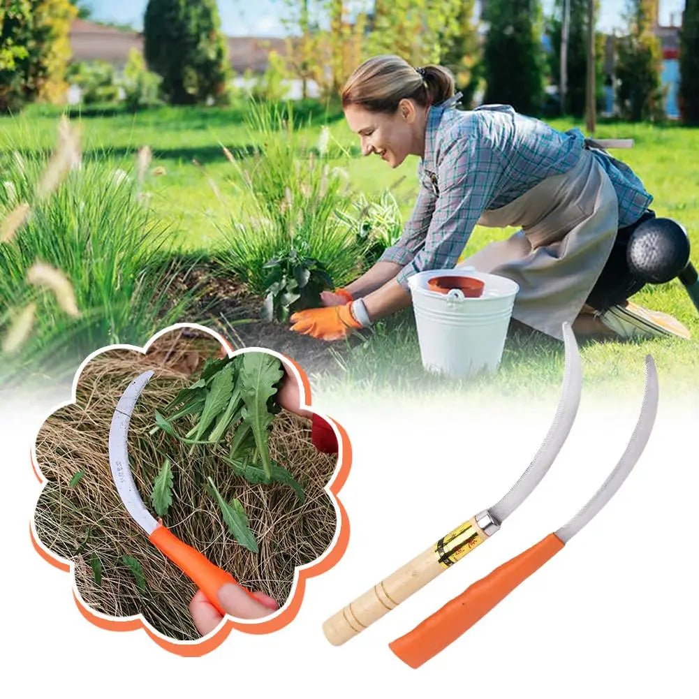 Stainless Steel Weeding Sickle Wooden Handle – Serrated Garden Tool Garden Weeding Sickle Babs