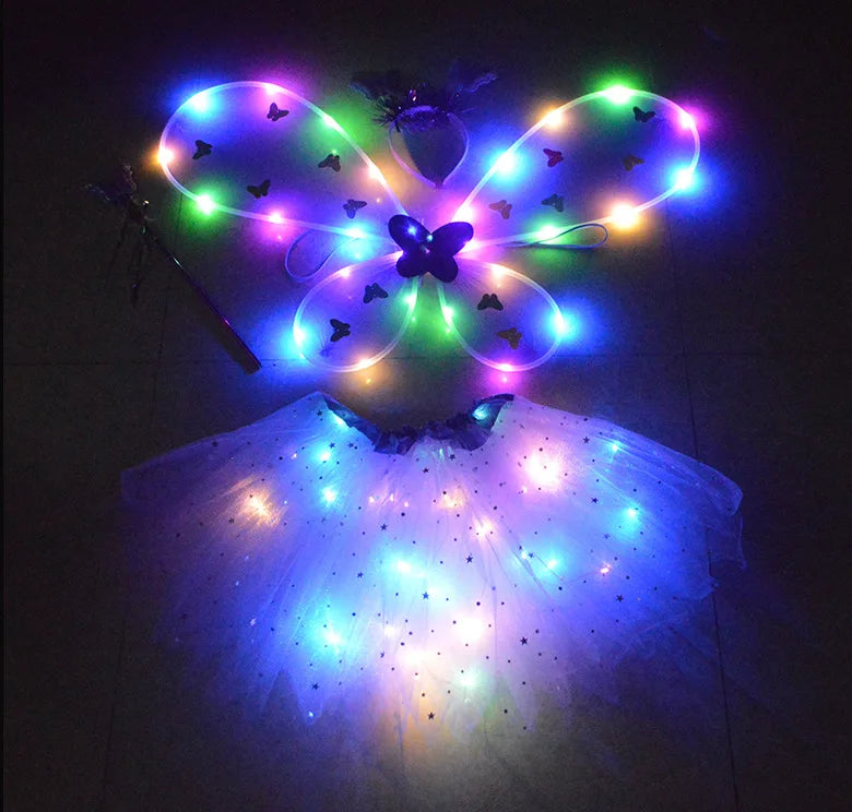 Girls Fairy Angel Glowing Butterfly Wings & Wand Costume Set Kids Costume Set Babs