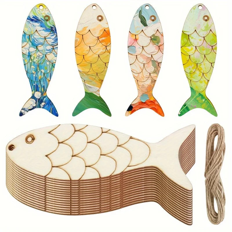 Wooden Fish DIY Craft Kit – Blank Cutout & Hemp Rope Included Wood DIY Craft Kit Babs